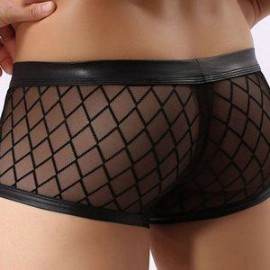 🍑Gay Intimate lingerie Sexy Mesh Sheer Boxer Faux Leather details fits M(30-32)